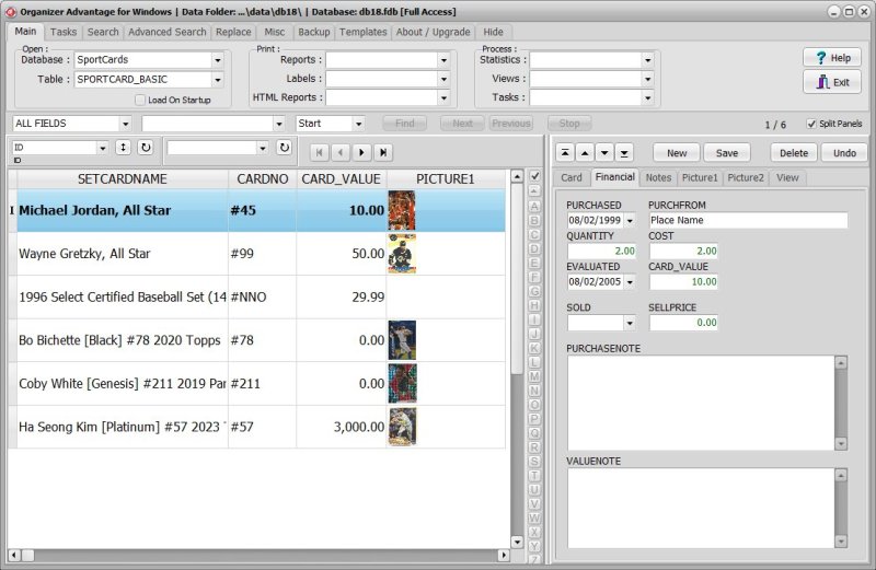 Sportscard Collecting Software for Windows PCs cost value data